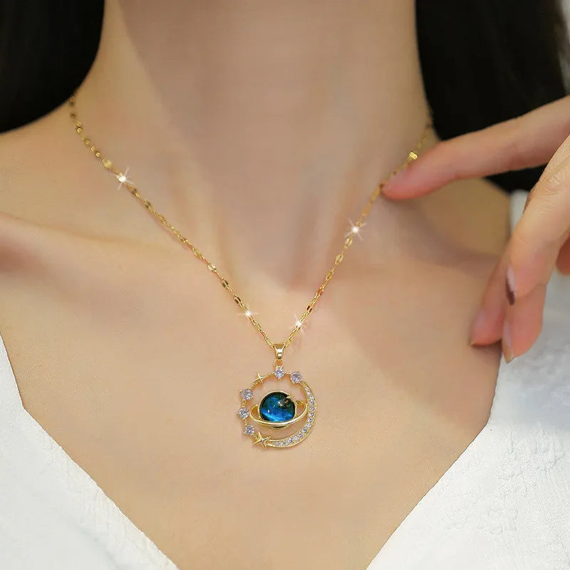 Luxury Inlaid Zircon Planet Moon Pendant Necklace For Women Titanium Steel