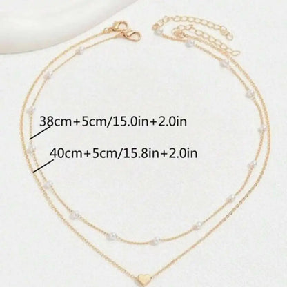 Women Necklace Faux Pearl Decor Heart Pendant Metal Chain Necklace Double-layered Clavicle Necklace Daily Party Neck Jewelry