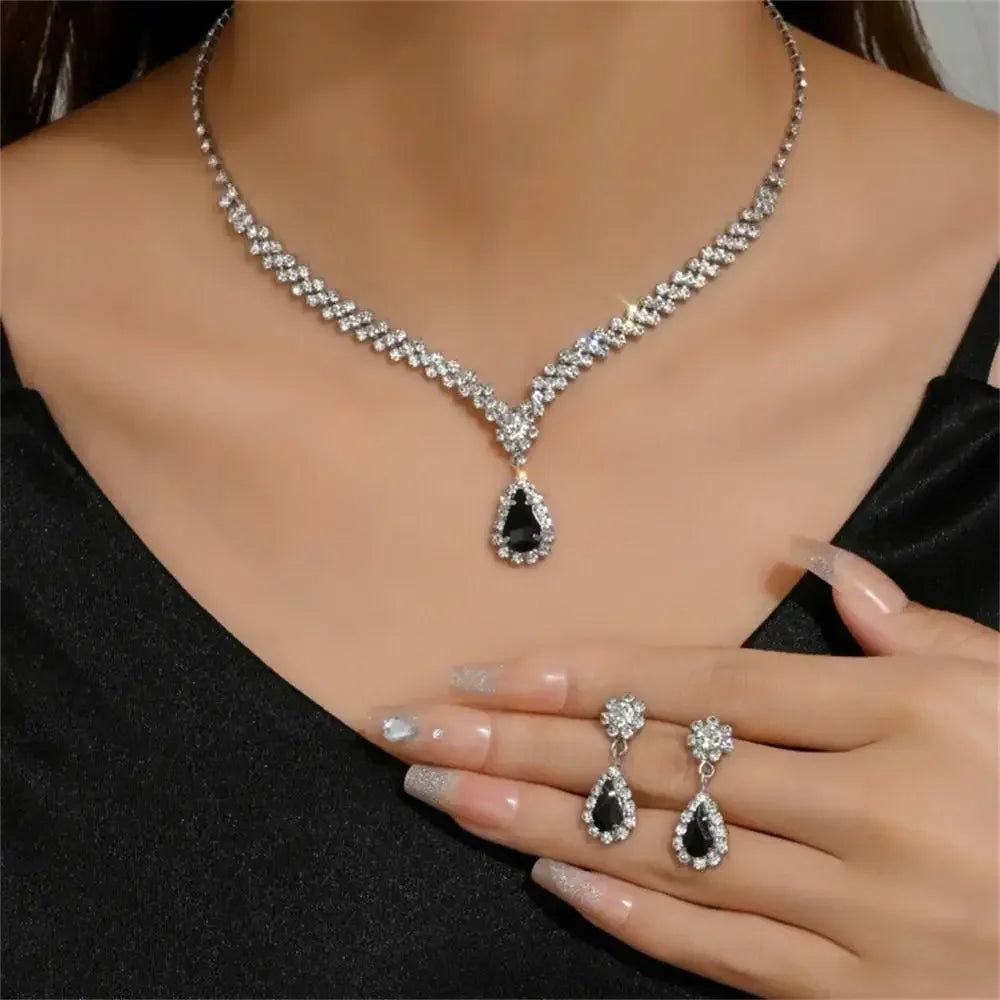 2pcs/set  Women Elegant Waterdrop Rhinestone Pendant Necklace stud Earrings Wedding Dress Bridal Jewelry Set