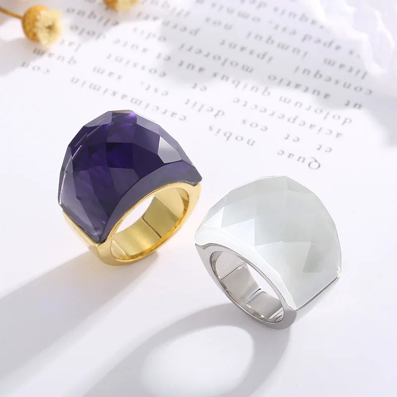 French Crystal Glass Stone Large Ring for Women Girl Gold Silver Color Stainless Steel