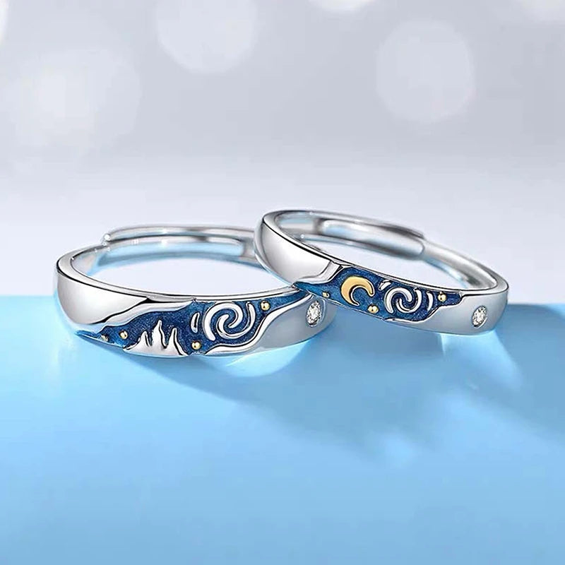 2PCS New Couple Rings For Women Sun Moon Dolphin Wings Cross Matching Jewelry Finger Open Adjustable Couple Engagement Ring