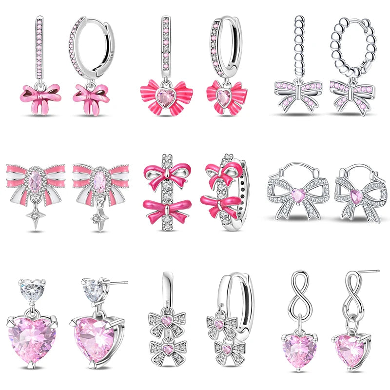 925 Sterling Silver Romantic Pink Bow Earrings