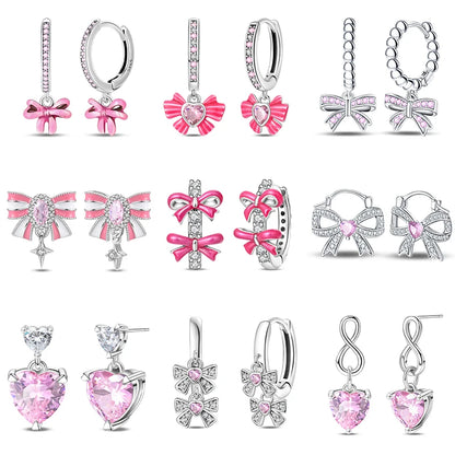 925 Sterling Silver Romantic Pink Bow Earrings