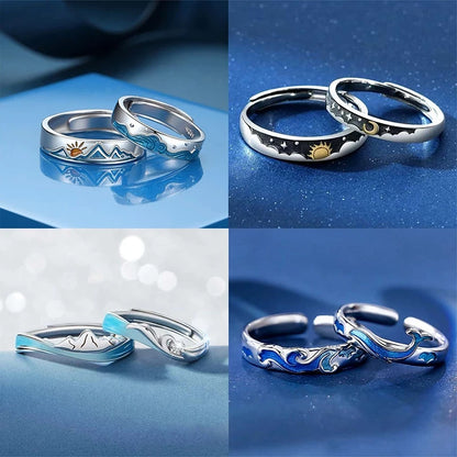 2PCS New Couple Rings For Women Sun Moon Dolphin Wings Cross Matching Jewelry Finger Open Adjustable Couple Engagement Ring