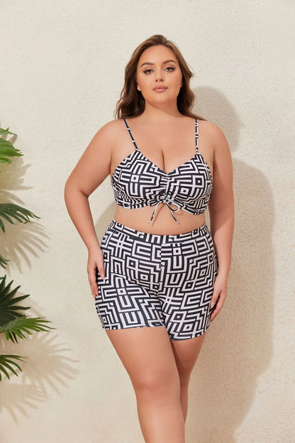 2025 Print 3 Piece Mesh Cove Up Plus Size Bikini Set