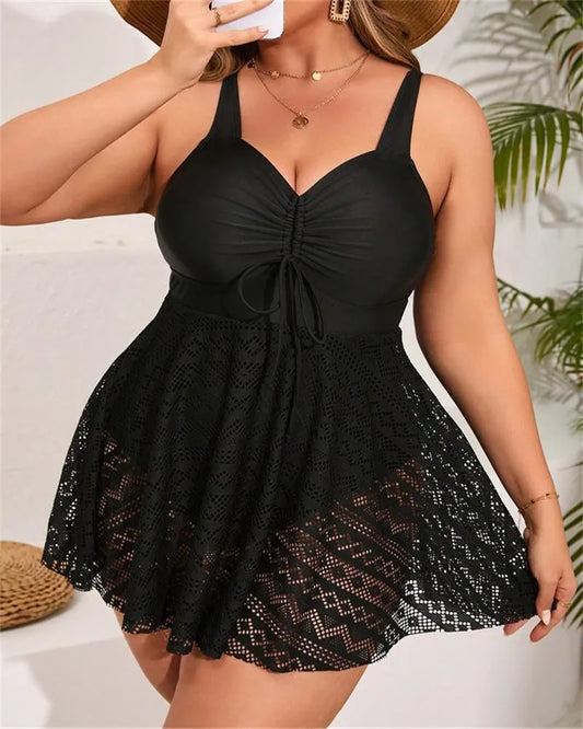 2025 Lace Patchwork Plus Size Swimwear Women Solid Strapped Large One Piece