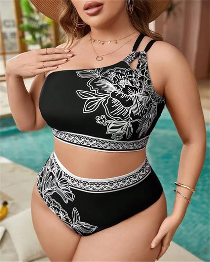 2025 Print One-shoulder Two Piece Plus Size Bikini Women High Waist