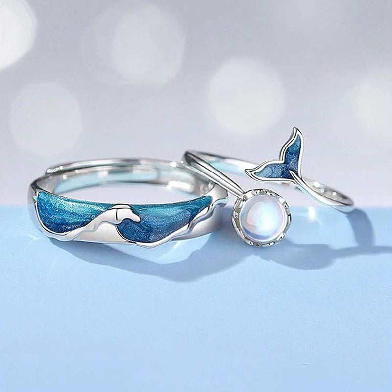 2PCS New Couple Rings For Women Sun Moon Dolphin Wings Cross Matching Jewelry Finger Open Adjustable Couple Engagement Ring