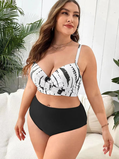 2025 Print 3 Piece Mesh Cove Up Plus Size Bikini Set