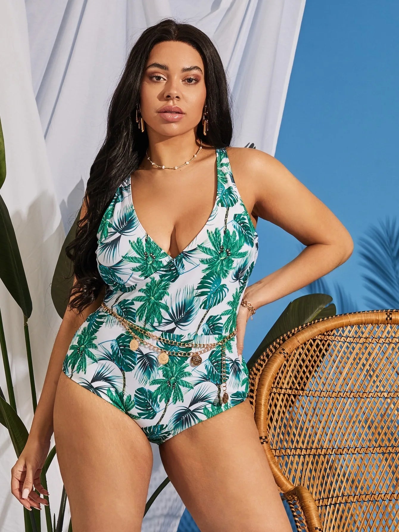 2025 Sexy Print Strapped Plus Size Swimwear Women V Neck Backless Large One Piece