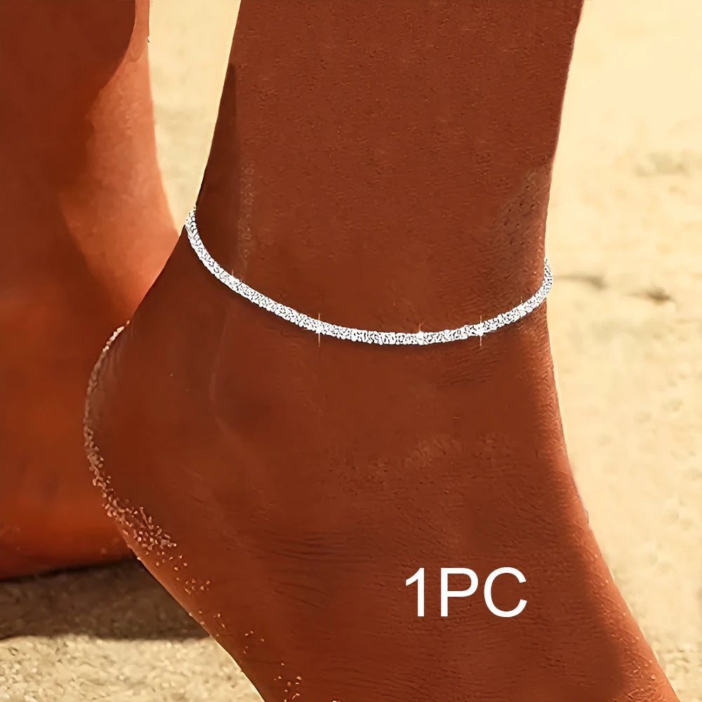 2PCS Shiny Sparkling Simple Silver Color Anklet for Women