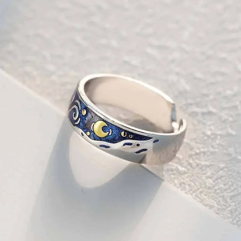 1/2pcs Romantic Van Gogh Starry Sky Rings Lover Couple Personality Openning Finger Ring Men Women