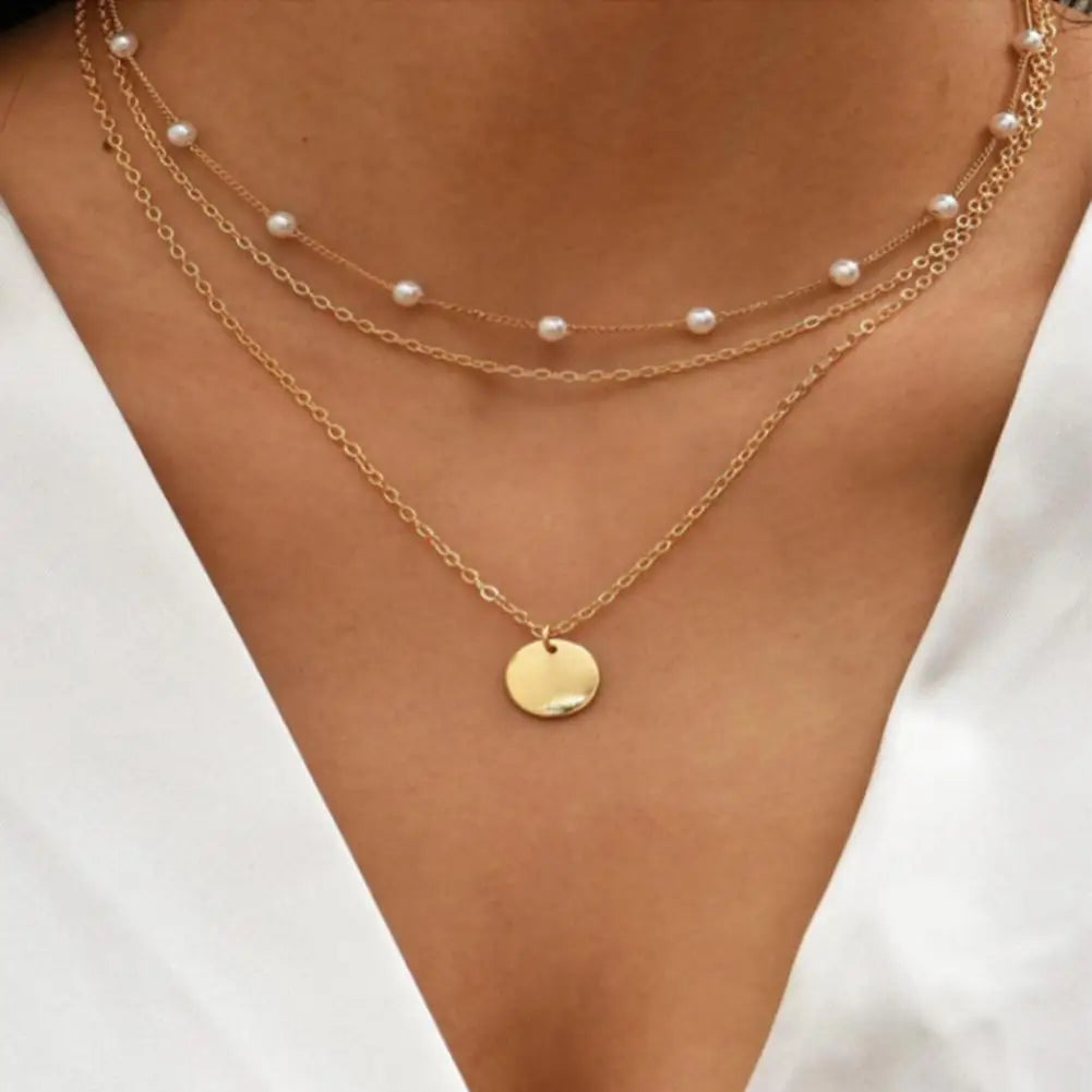 Women Necklace Faux Pearl Decor Heart Pendant Metal Chain Necklace Double-layered Clavicle Necklace Daily Party Neck Jewelry