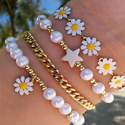 4pcs Vintage Daisy Flower Pendant Faux Pearl Bracelet