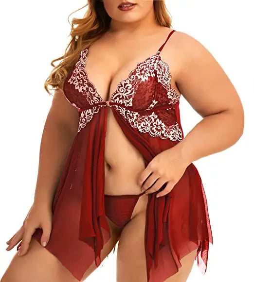 Plus Size Lingerie for Women Sleepwear Set Lace Babydoll Chemise V Neck