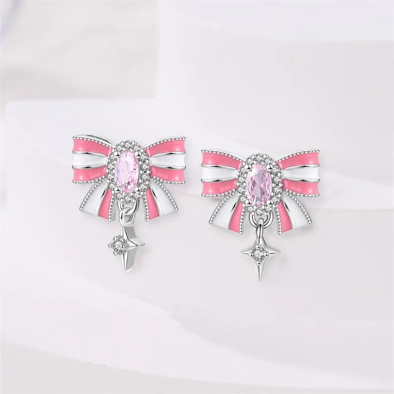 925 Sterling Silver Romantic Pink Bow Earrings