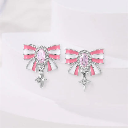 925 Sterling Silver Romantic Pink Bow Earrings