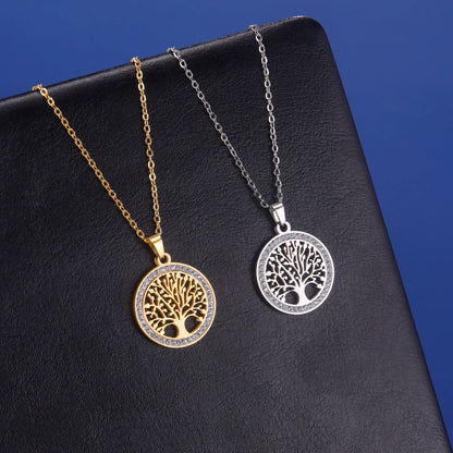 Skyrim Tree of Life Necklace for Women Stainless Steel Gold Color Clear Zircon Round Pendant Neck Chains