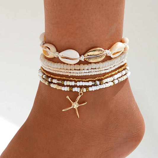 7pc/set Bohemian Rice Beads Starfish Pendant Anklet Set