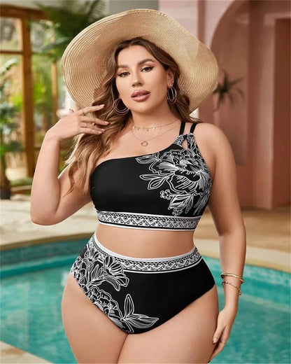 2025 Print One-shoulder Two Piece Plus Size Bikini Women High Waist