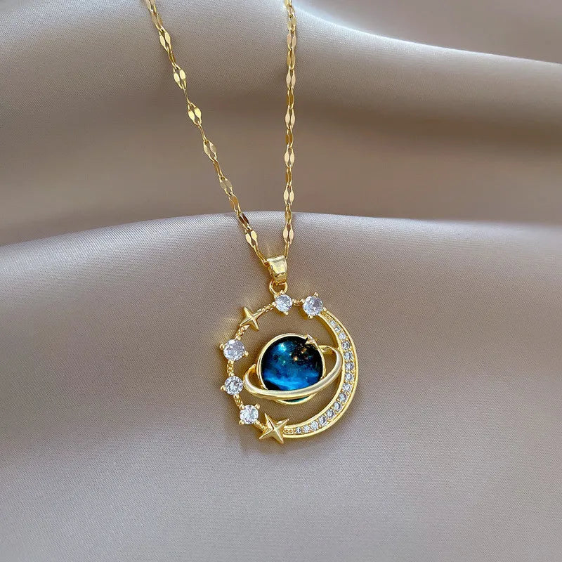 Luxury Inlaid Zircon Planet Moon Pendant Necklace For Women Titanium Steel