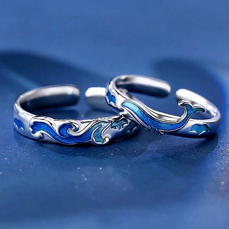 2PCS New Couple Rings For Women Sun Moon Dolphin Wings Cross Matching Jewelry Finger Open Adjustable Couple Engagement Ring