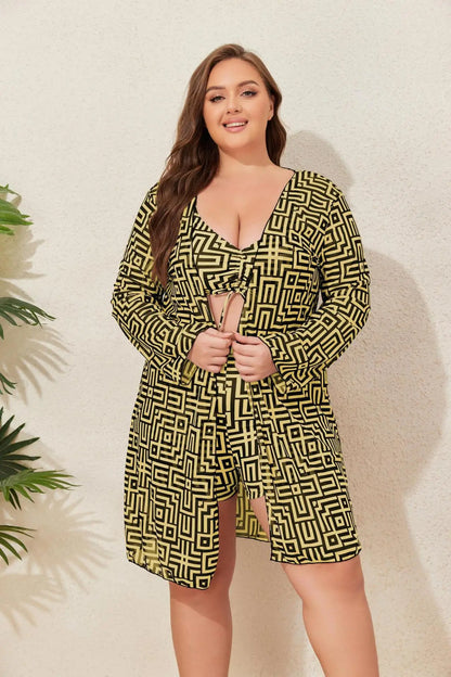 2025 Print 3 Piece Mesh Cove Up Plus Size Bikini Set