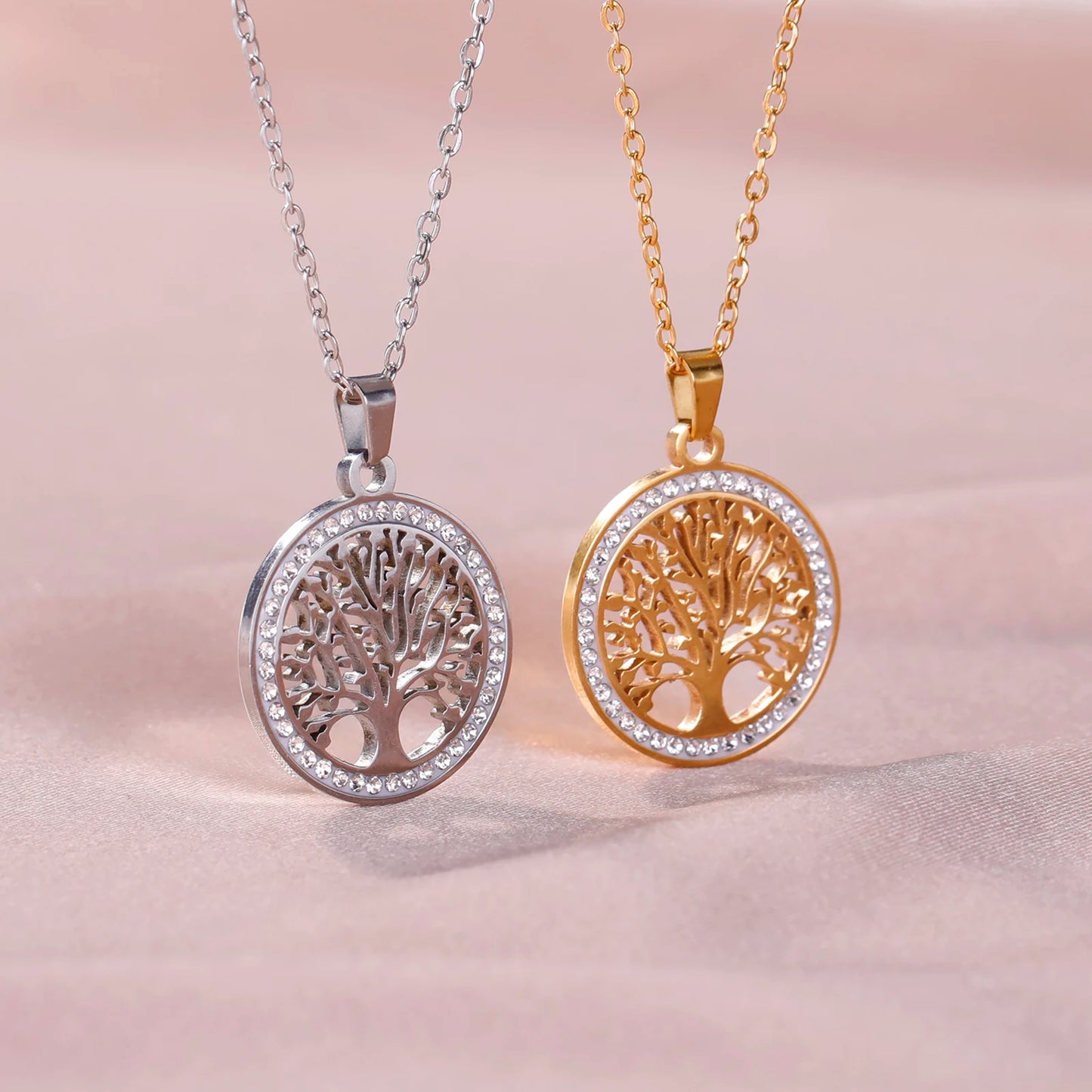 Skyrim Tree of Life Necklace for Women Stainless Steel Gold Color Clear Zircon Round Pendant Neck Chains