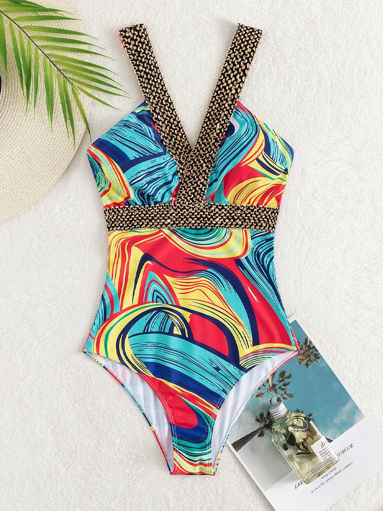 2025 Sexy Print Strapped Swimwear Women Push UP One Piece Swimsuit