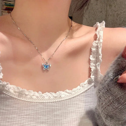 Romantic Blue Crystal Butterfly Necklace for Women Girls Simple Shiny Zircon Bilayer Choker