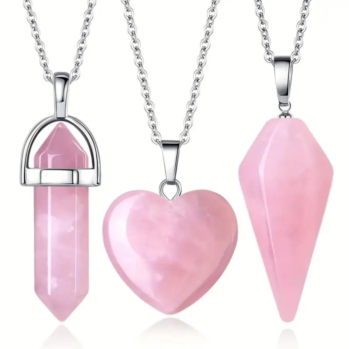 3pcs Rose Quartz Necklaces Pendants Set For Spiritual Energy Witchcraft Reiki