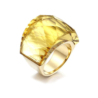 French Crystal Glass Stone Large Ring for Women Girl Gold Silver Color Stainless Steel