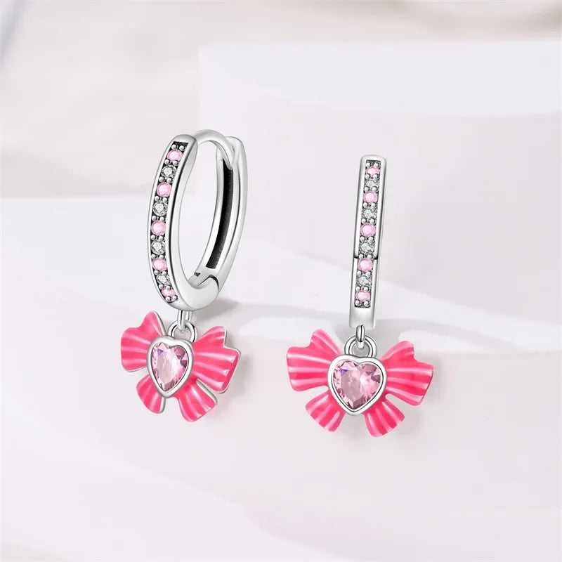 925 Sterling Silver Romantic Pink Bow Earrings