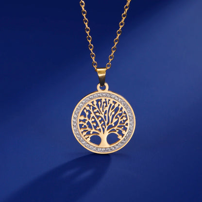 Skyrim Tree of Life Necklace for Women Stainless Steel Gold Color Clear Zircon Round Pendant Neck Chains