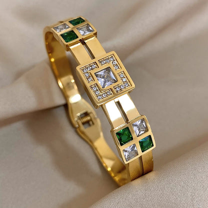 Luxury Royal Emerald Green White Zircon Stainless Steel