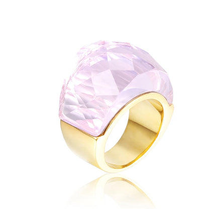 French Crystal Glass Stone Large Ring for Women Girl Gold Silver Color Stainless Steel