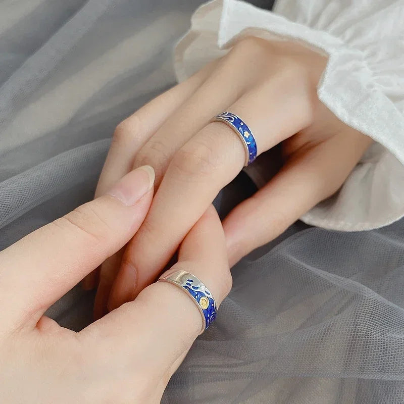 1/2pcs Romantic Van Gogh Starry Sky Rings Lover Couple Personality Openning Finger Ring Men Women