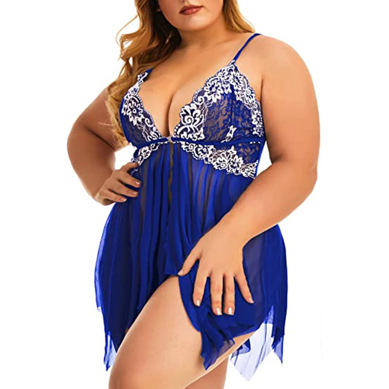 Plus Size Lingerie for Women Sleepwear Set Lace Babydoll Chemise V Neck