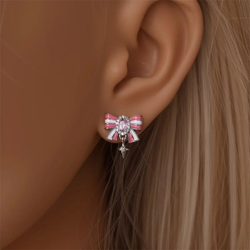 925 Sterling Silver Romantic Pink Bow Earrings