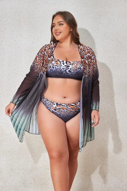 2025 Print 3 Piece Mesh Cove Up Plus Size Bikini