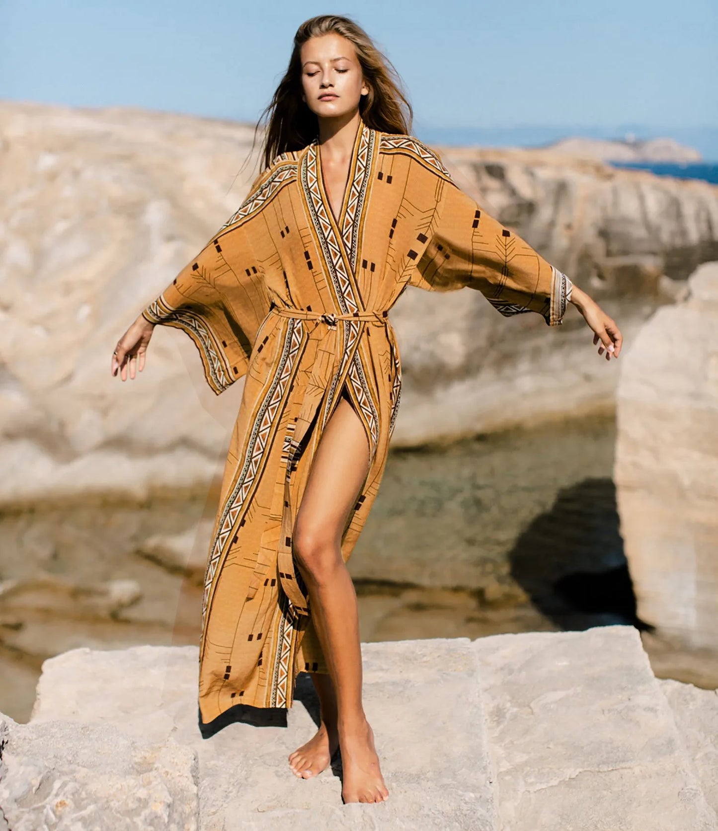 Beach Cover Up Over Sized Print Rayon Kimonos with Belt for Summer