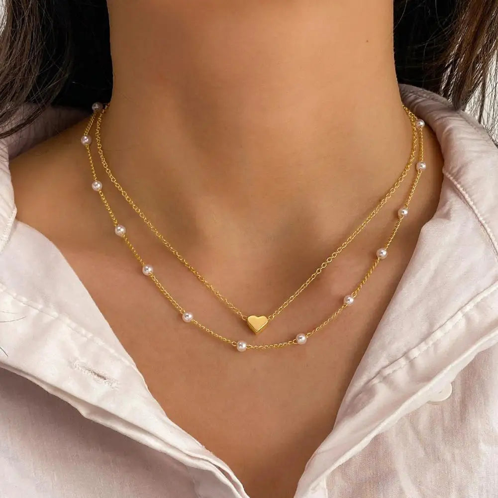 Women Necklace Faux Pearl Decor Heart Pendant Metal Chain Necklace Double-layered Clavicle Necklace Daily Party Neck Jewelry