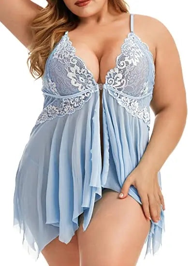 Plus Size Lingerie for Women Sleepwear Set Lace Babydoll Chemise V Neck