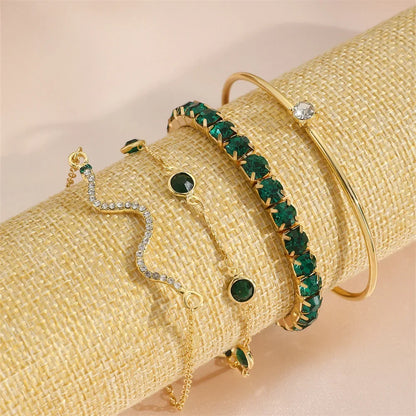 4Pcs/Set Fashion Snake Green Gemstone Bangle Rhinestone Full Metal Bracelet For Women