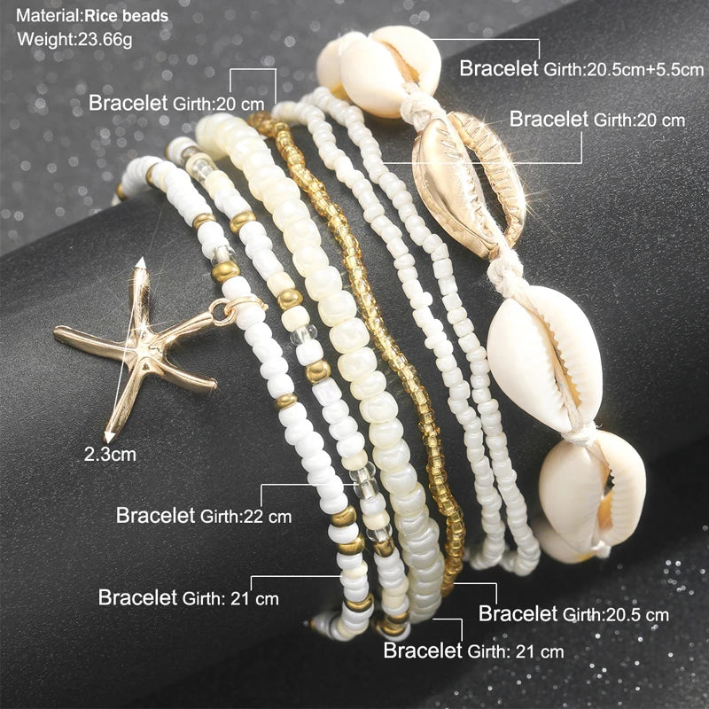 7pc/set Bohemian Rice Beads Starfish Pendant Anklet Set