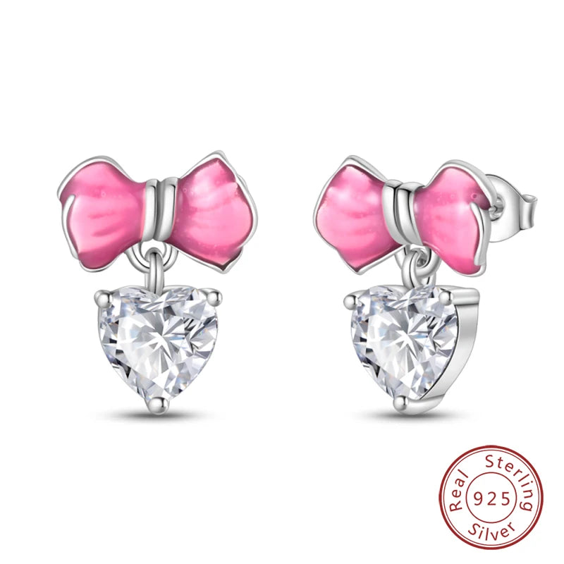 925 Sterling Silver Romantic Pink Bow Earrings