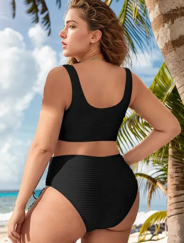 2025 Solid 2 Piece Plus Size Bikini Set Women High Waist Large Swimsuit