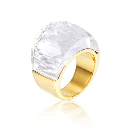 French Crystal Glass Stone Large Ring for Women Girl Gold Silver Color Stainless Steel