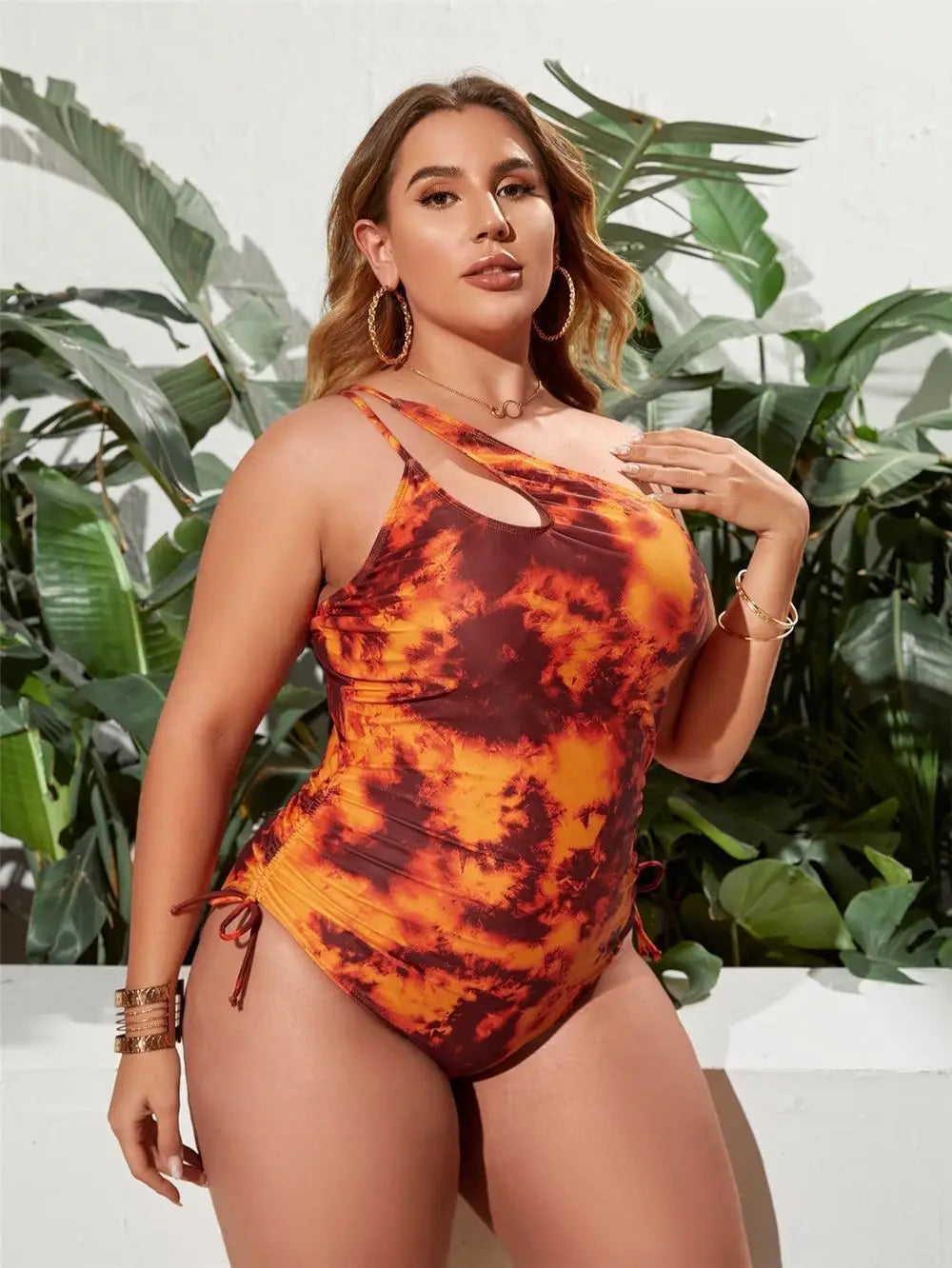 2025 Print One-shoulder Plus Size Swimwear Women Hollow Push Up Large One Piece