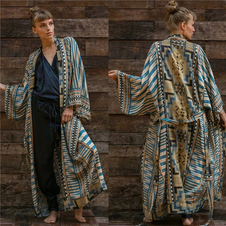 Beach Cover Up Over Sized Print Rayon Kimonos with Belt for Summer